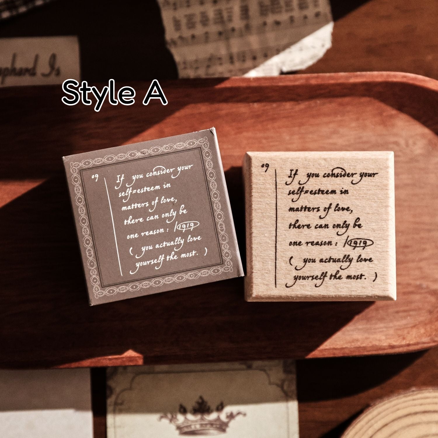 Vintage wooden stamp set with literary text designs