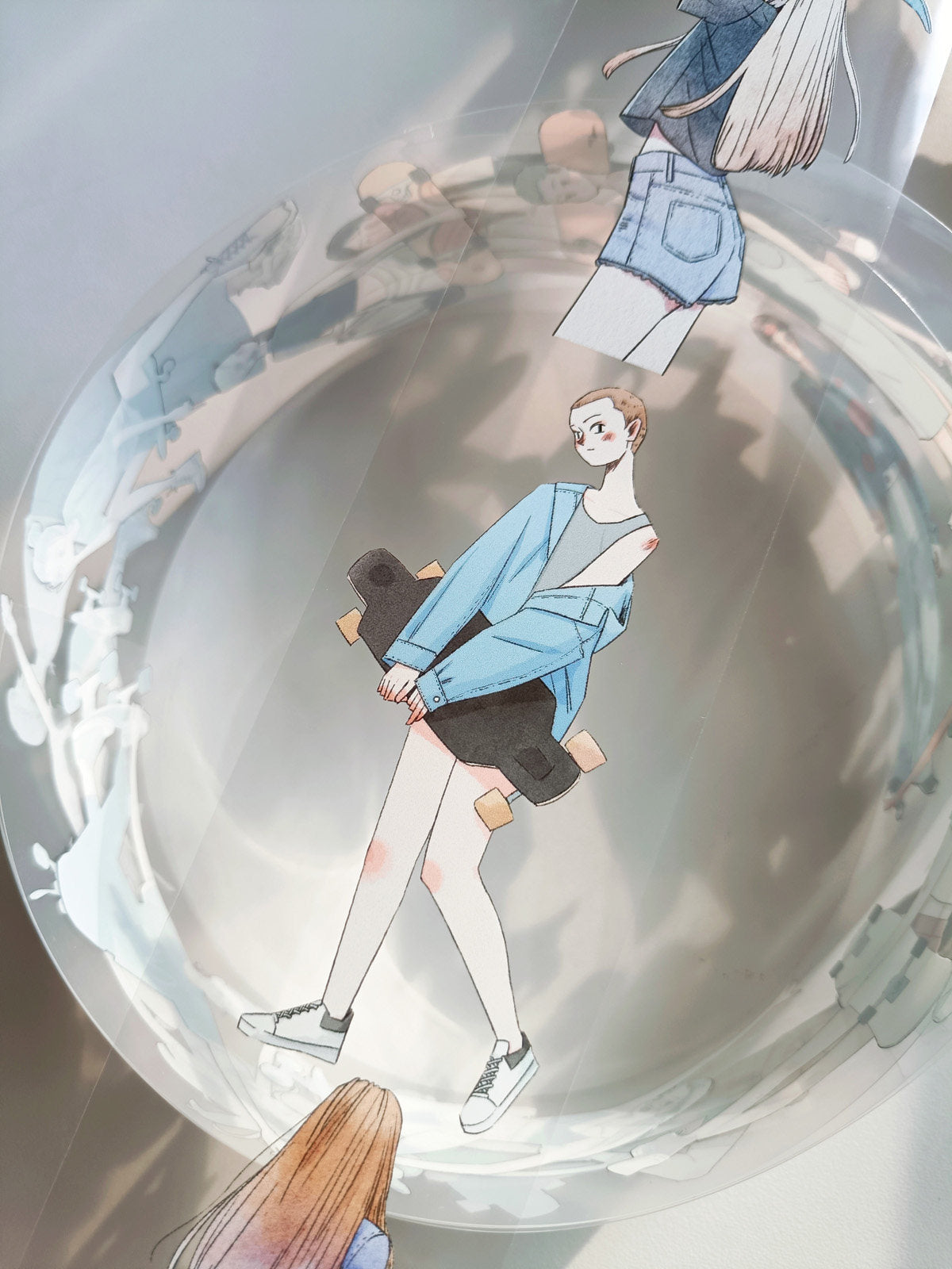 Illustrated girl skating on a scooter