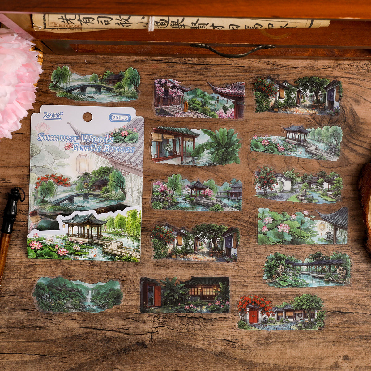 Sticker of a traditional courtyard house with a blossoming tree