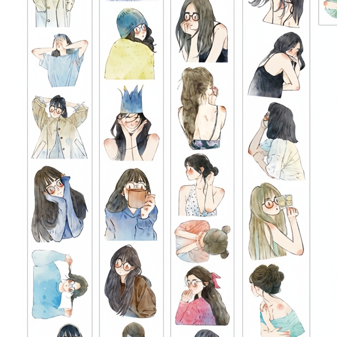 Die-cut watercolor girl portraits tape pieces layered on white paper