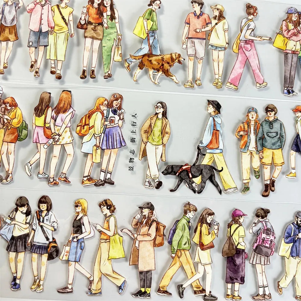 City Walkers PET tape roll — watercolor urban street life illustrations, 6 cm wide