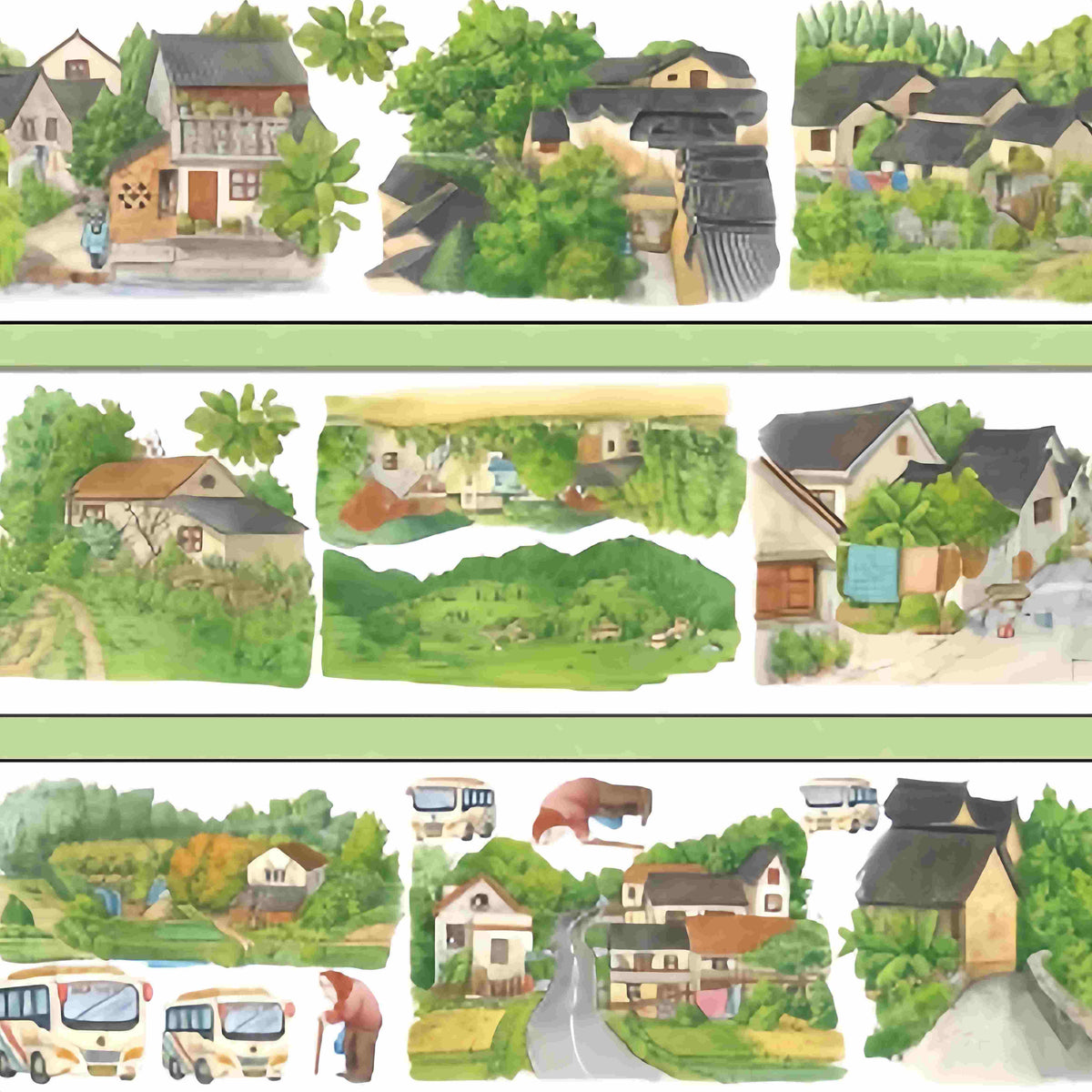 Grandma's Countryside Home PET Tape – rural village farmhouses, dirt paths, farmland, an elderly figure, and old buses