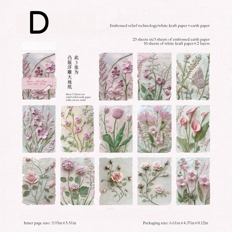 Vintage botanical relief scrapbooking paper with flower and leaf textures