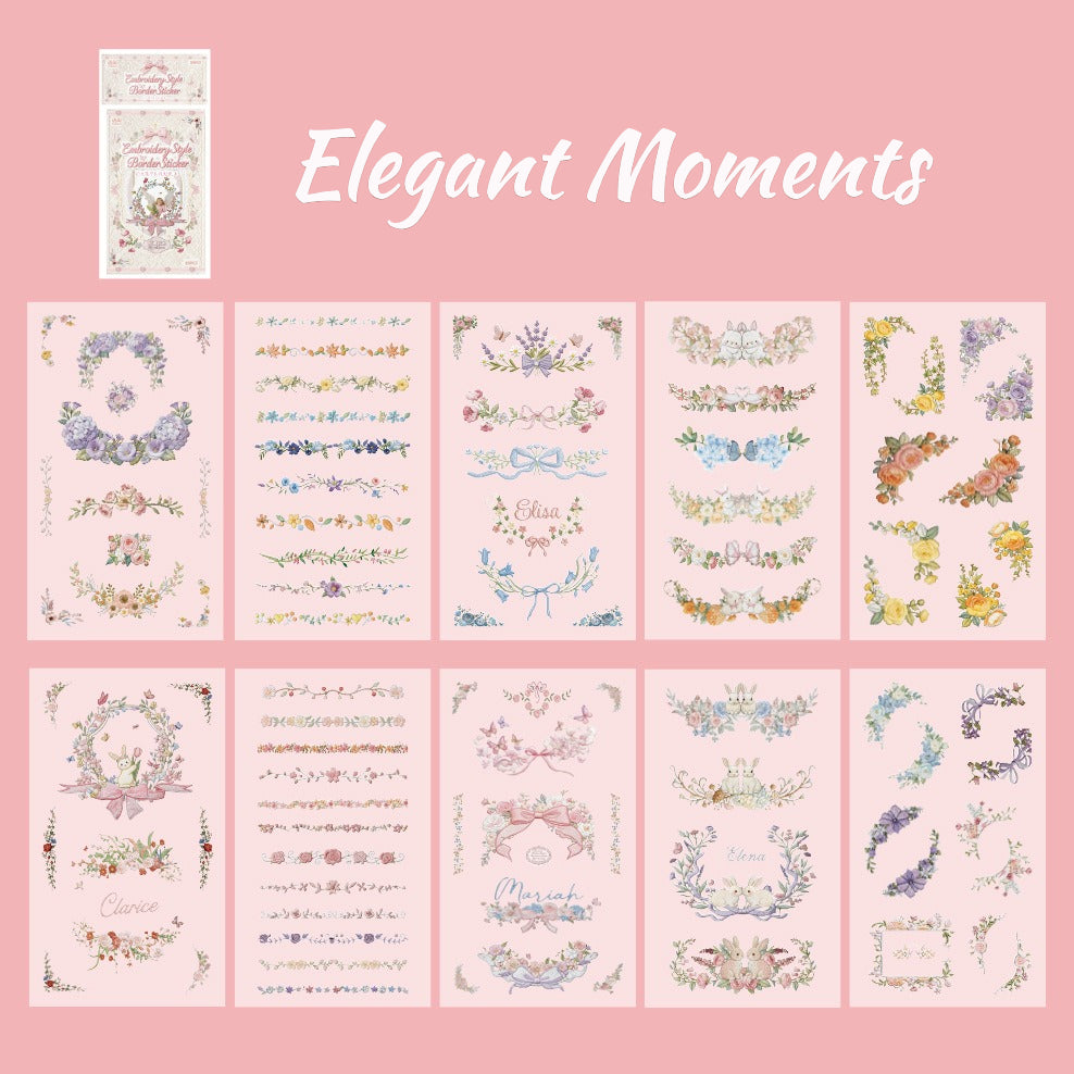Floral embroidery frame sticker book with botanical borders, wreaths, rabbits, butterflies, ribbons, and photo frame designs