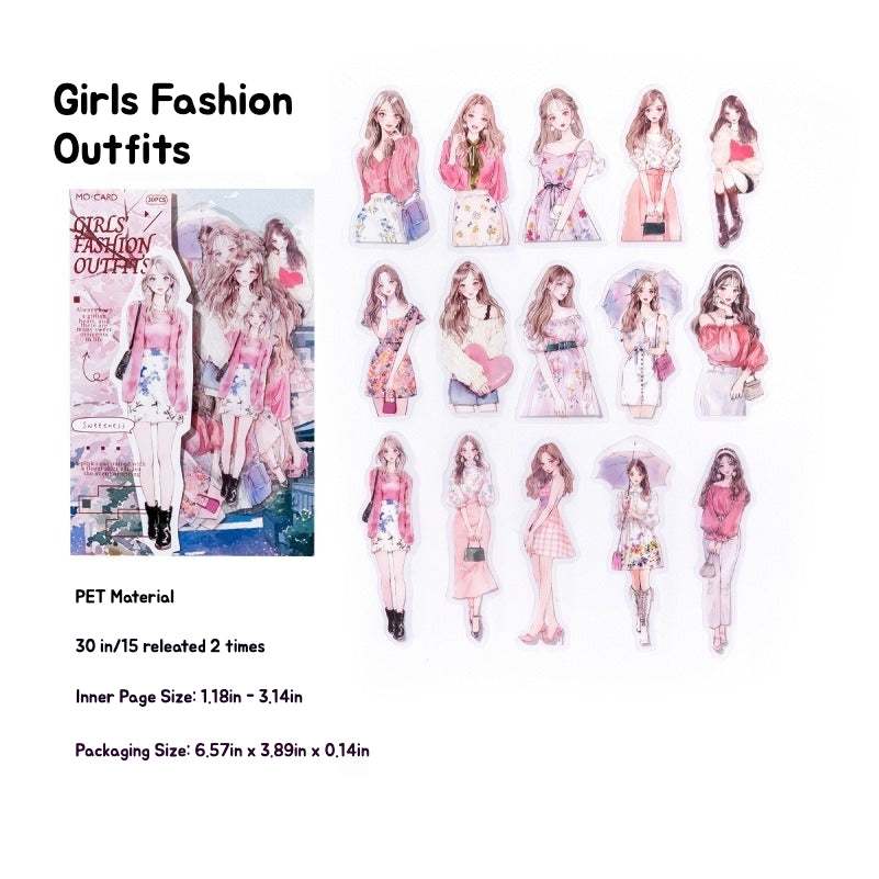 Cute die-cut fashion stickers of girls in various stylish outfits for journaling and crafts, Shroomi.