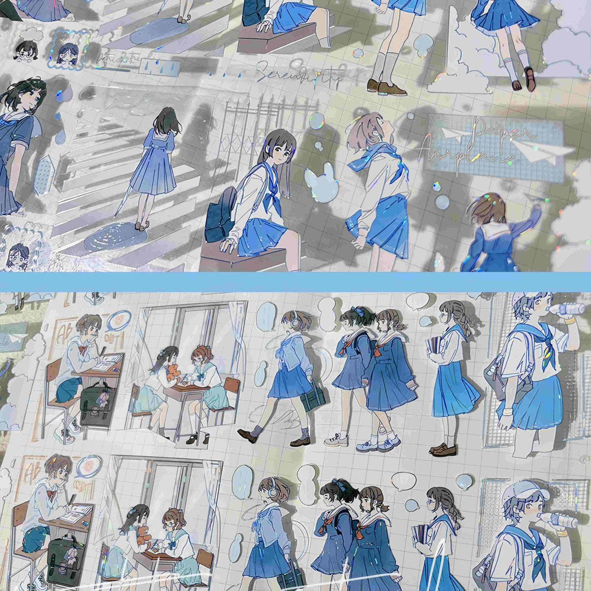 Anime School Life PET Tape – anime-style illustrated girl in a blue school uniform design