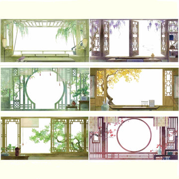 Chinese Lattice Window PET Tape – six traditional Chinese window and doorway lattice frame designs with blank centers, surrounded by willow, wisteria, bamboo, and plum blossom