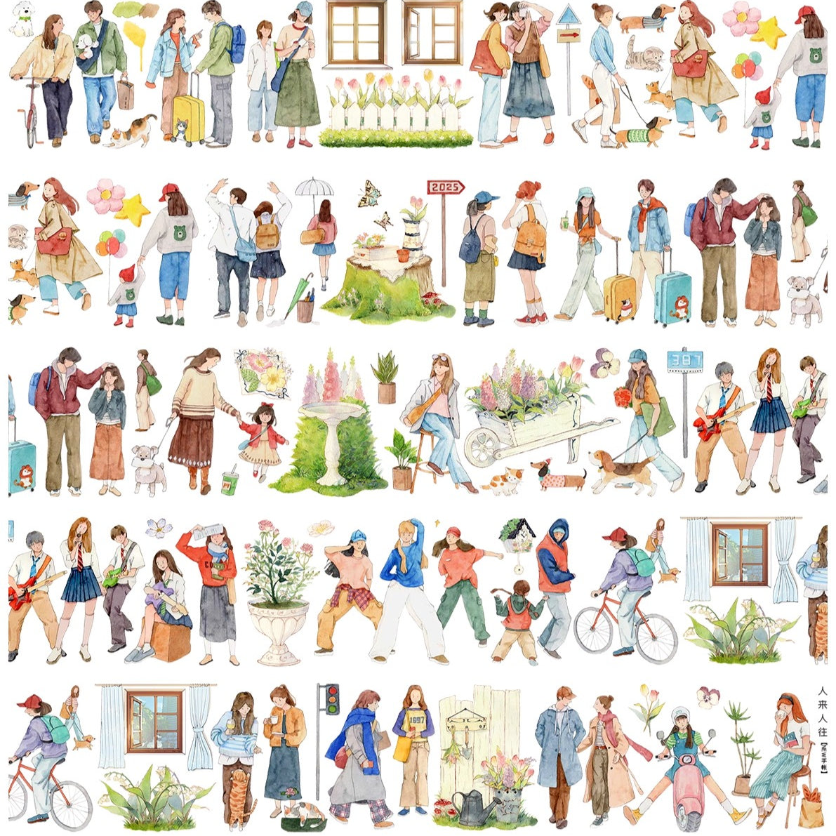 Illustrations of people and everyday activities on a white background