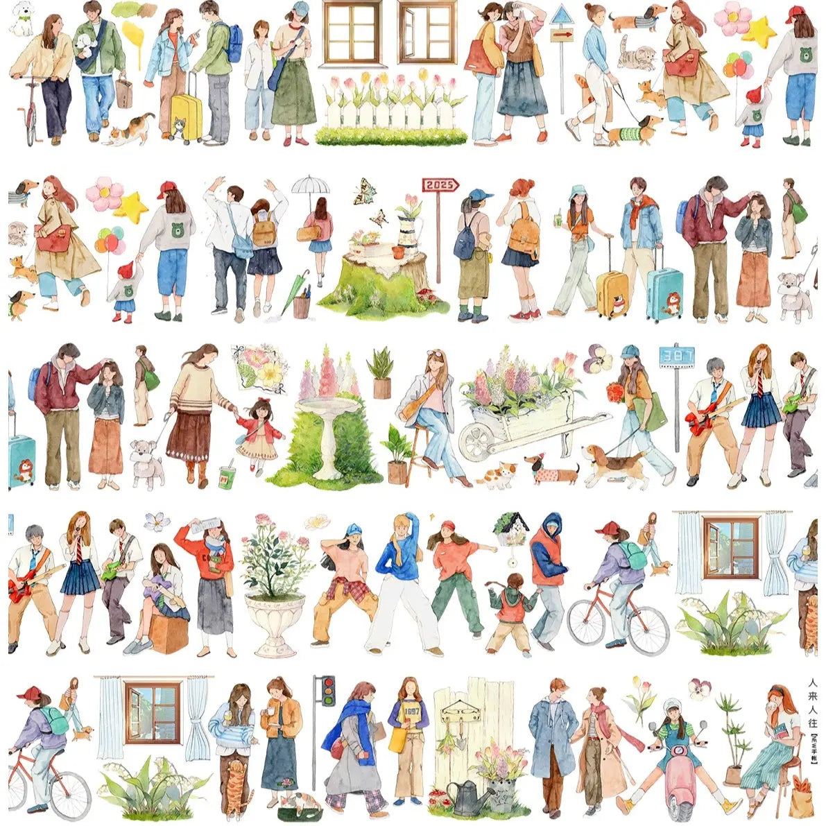 Illustrations of people and everyday activities on a white background
