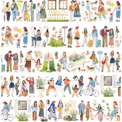 Illustrations of people and everyday activities on a white background