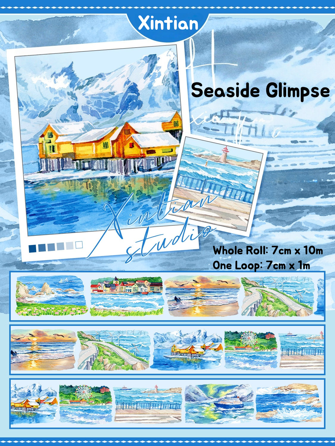 Vibrant XINTIAN Scenery Series PET washi tape showcasing a watercolor seaside town with serene blues and lush greens.