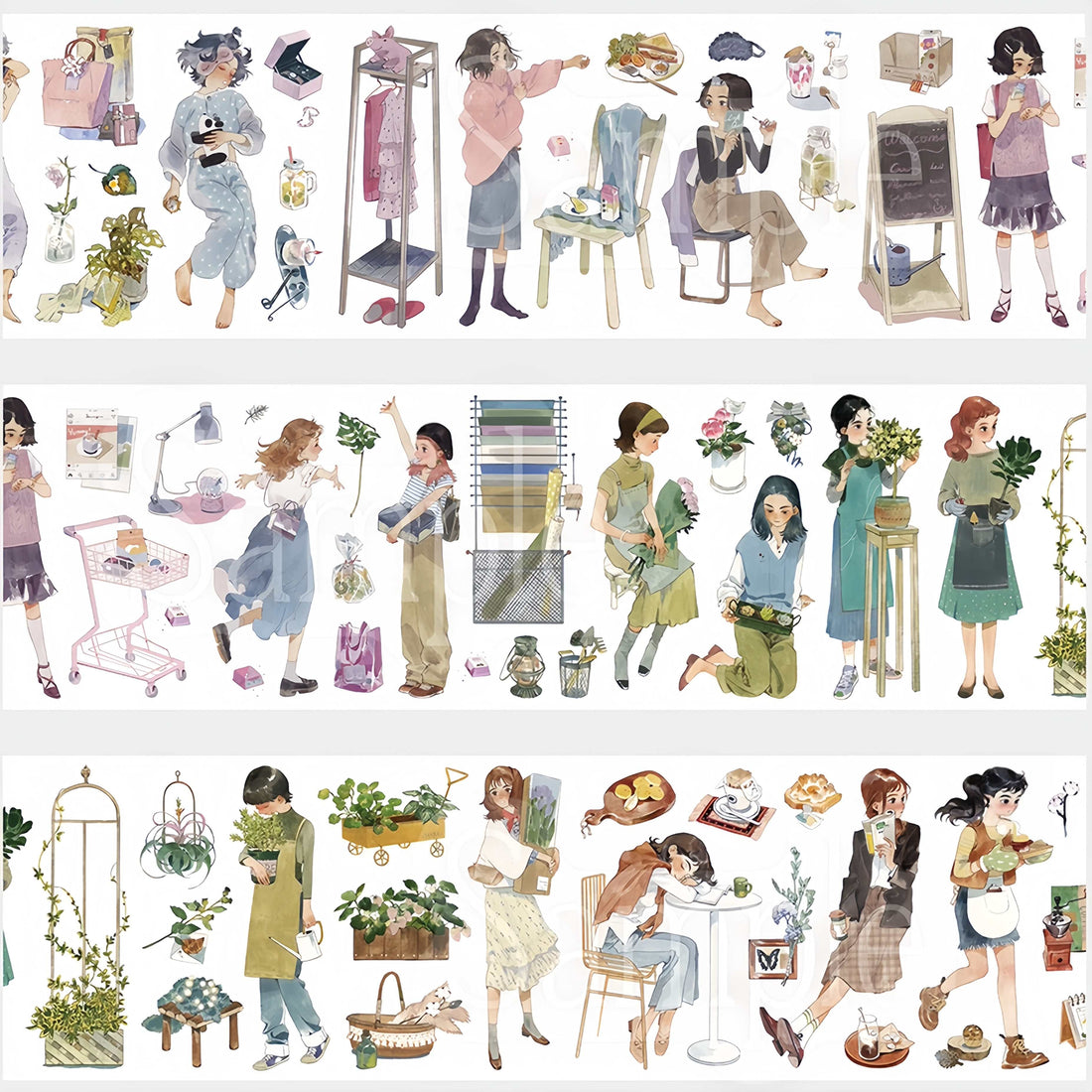 Washi tape of girls gardening and arranging flowers in soft vintage cottagecore illustrations