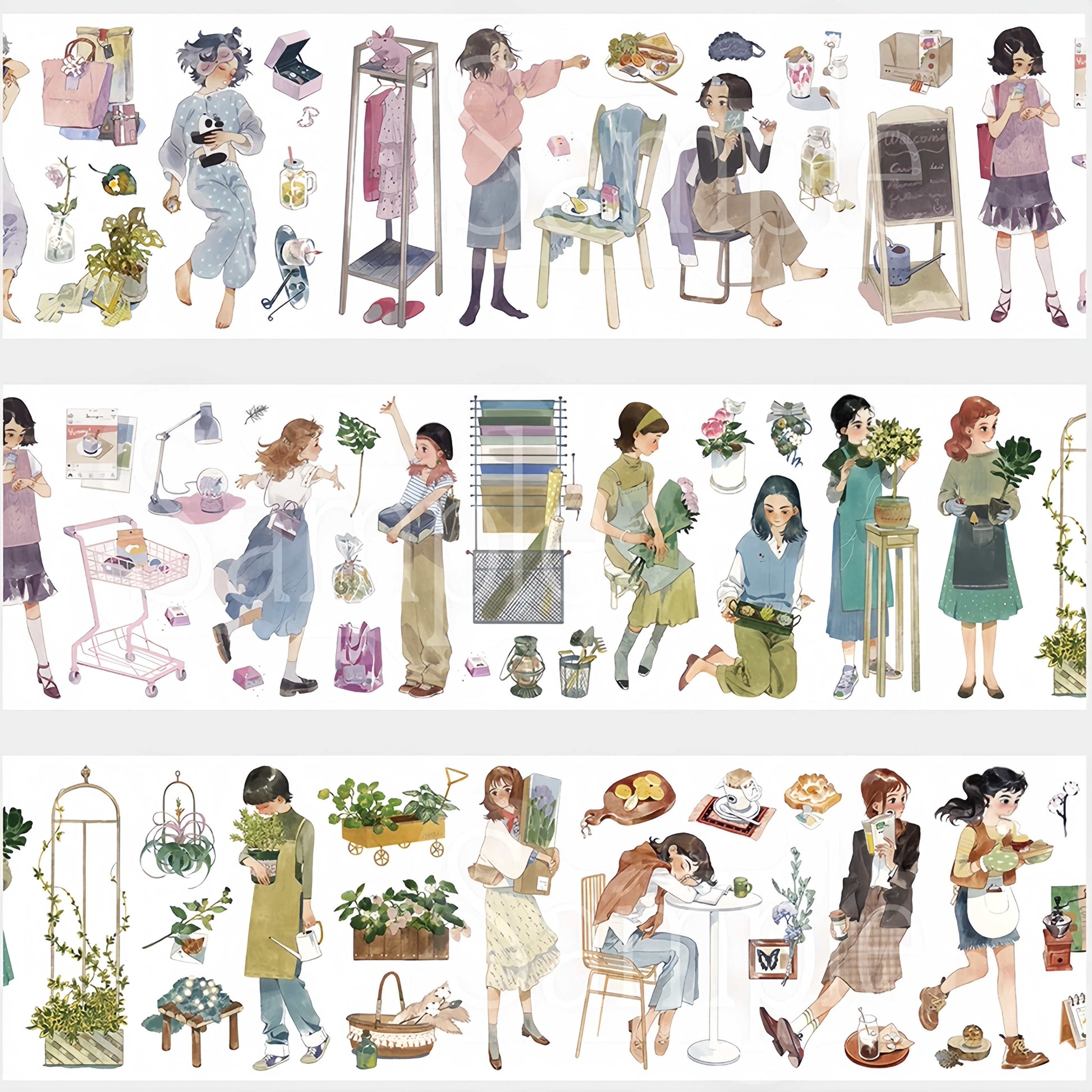 Washi tape of girls gardening and arranging flowers in soft vintage cottagecore illustrations