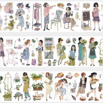 Washi tape of girls gardening and arranging flowers in soft vintage cottagecore illustrations