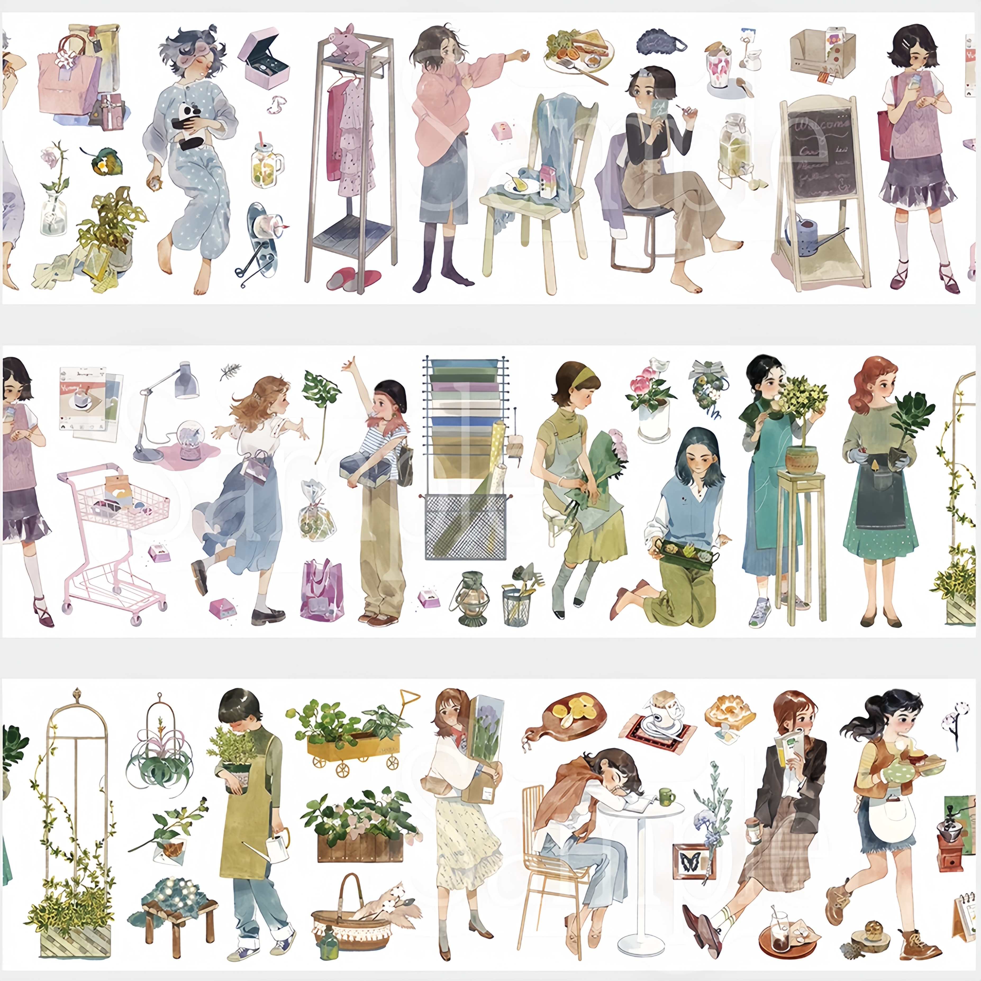 Washi tape of girls gardening and arranging flowers in soft vintage cottagecore illustrations