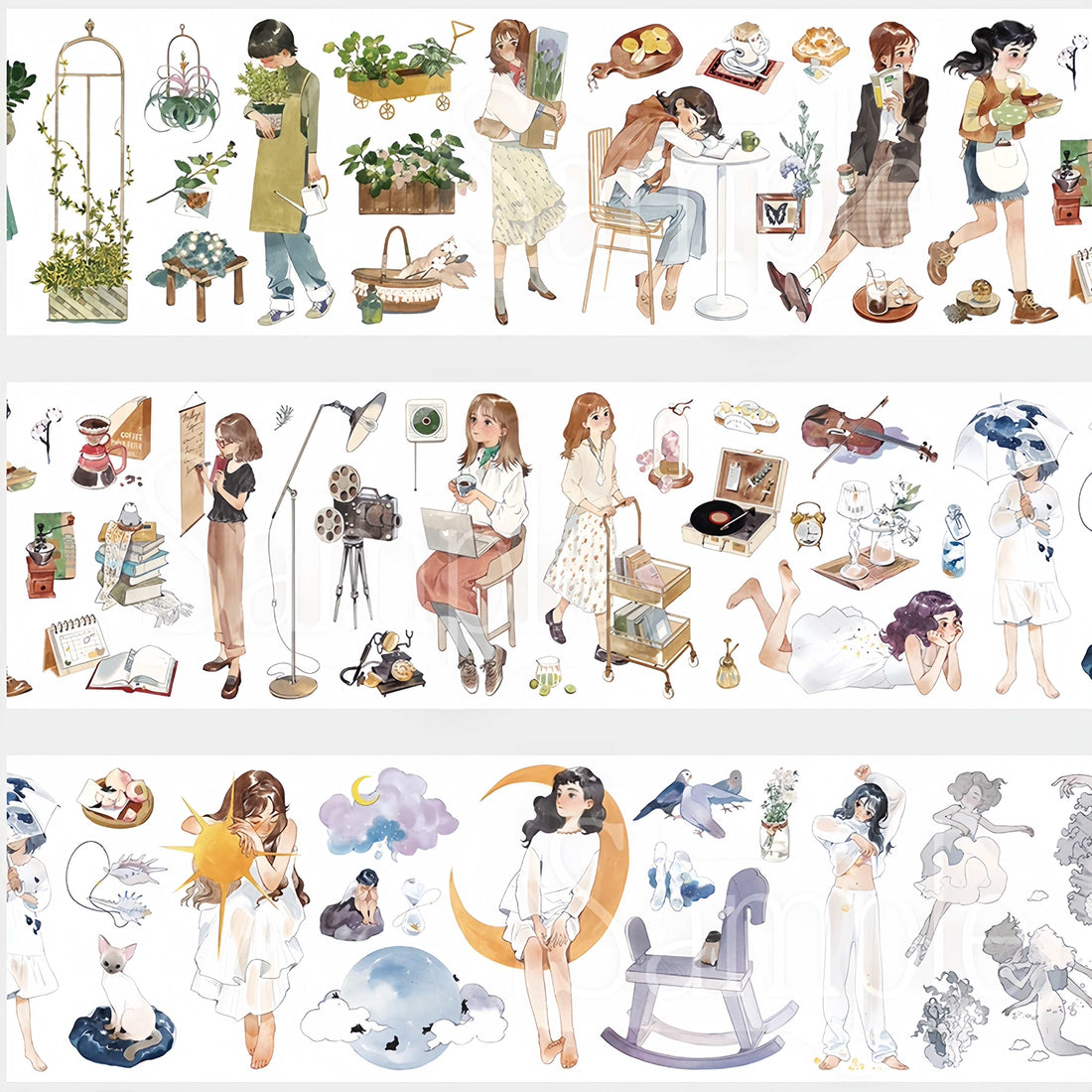 Washi tape of girls gardening and arranging flowers in soft vintage cottagecore illustrations
