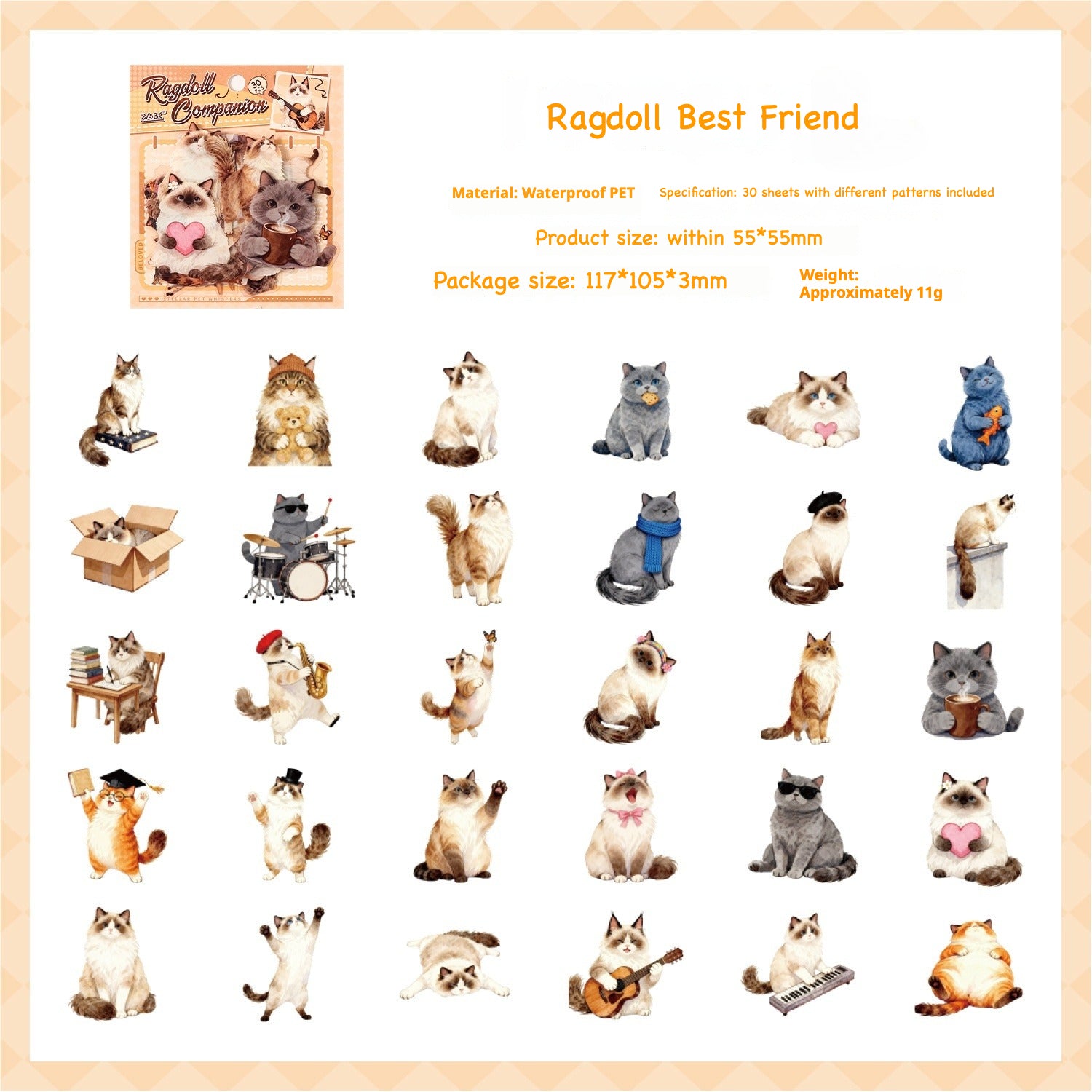 Cute animal sticker pack – kawaii illustrations of ragdoll cat, panda, penguin, bunny and bear