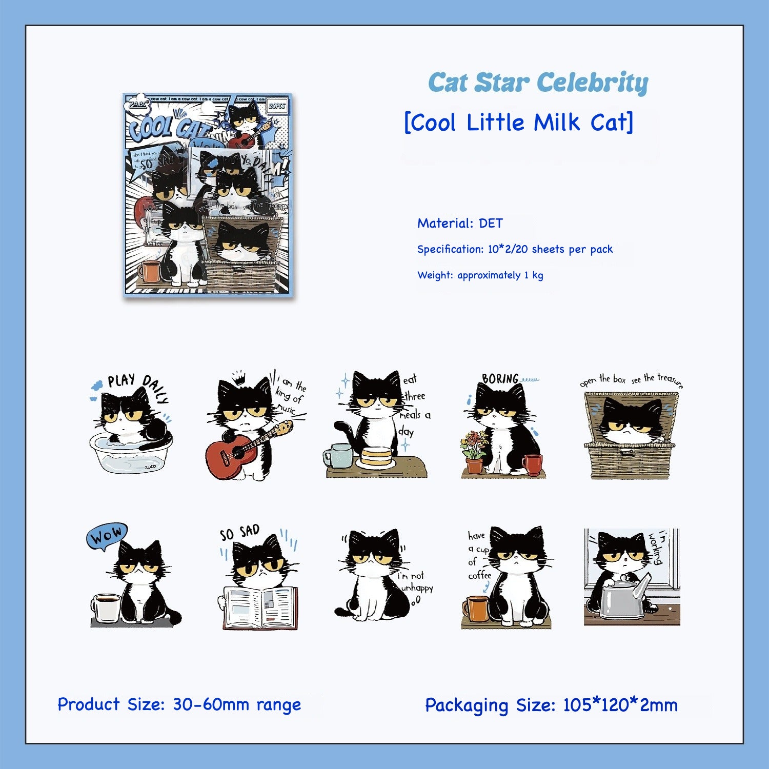 Comic style black and white cat sticker pack – Cat Star, Cool Cat, Cream Puff and Meow Master characters