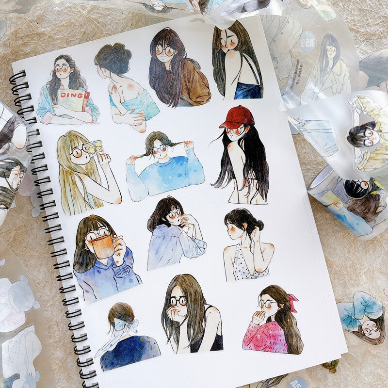 Close-up of die-cut watercolor girl portraits tape