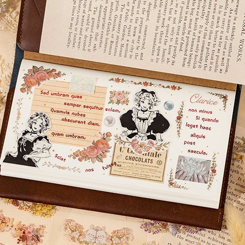 Floral embroidery frame sticker book with botanical borders, wreaths, rabbits, butterflies, ribbons, and photo frame designs