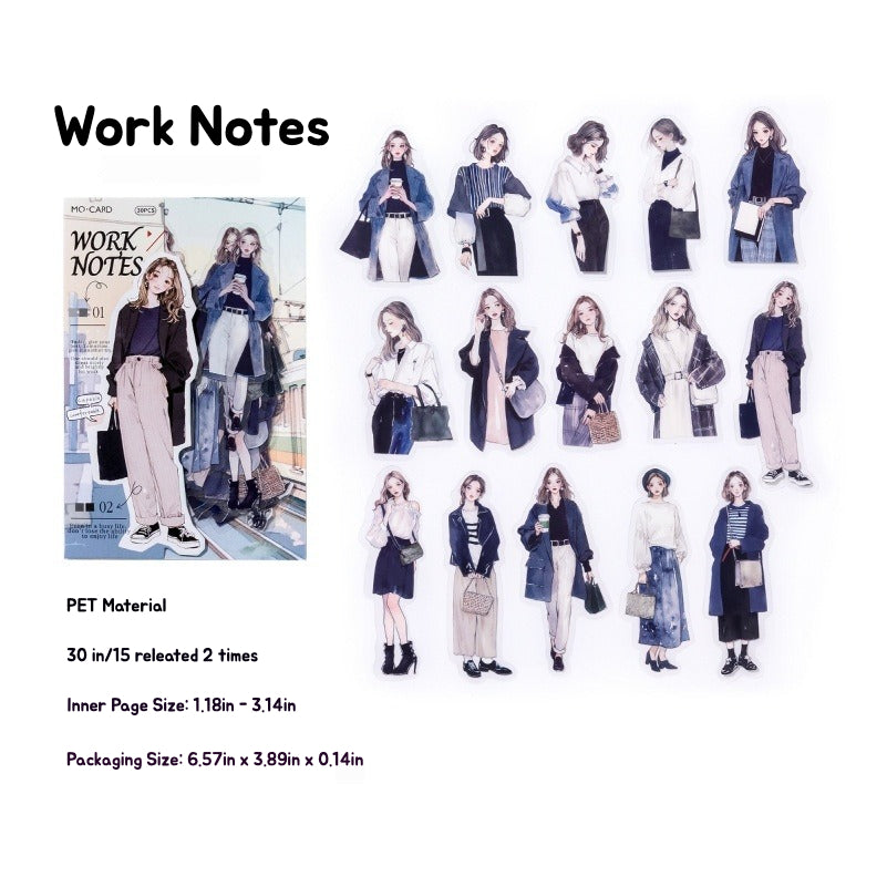 Set of 'Work Notes' fashion illustration stickers with chic women, adding style to your Shroomi journals.