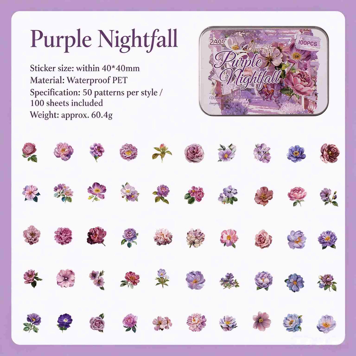 Purple Nightfall style: 50 purple and pink flower sticker designs