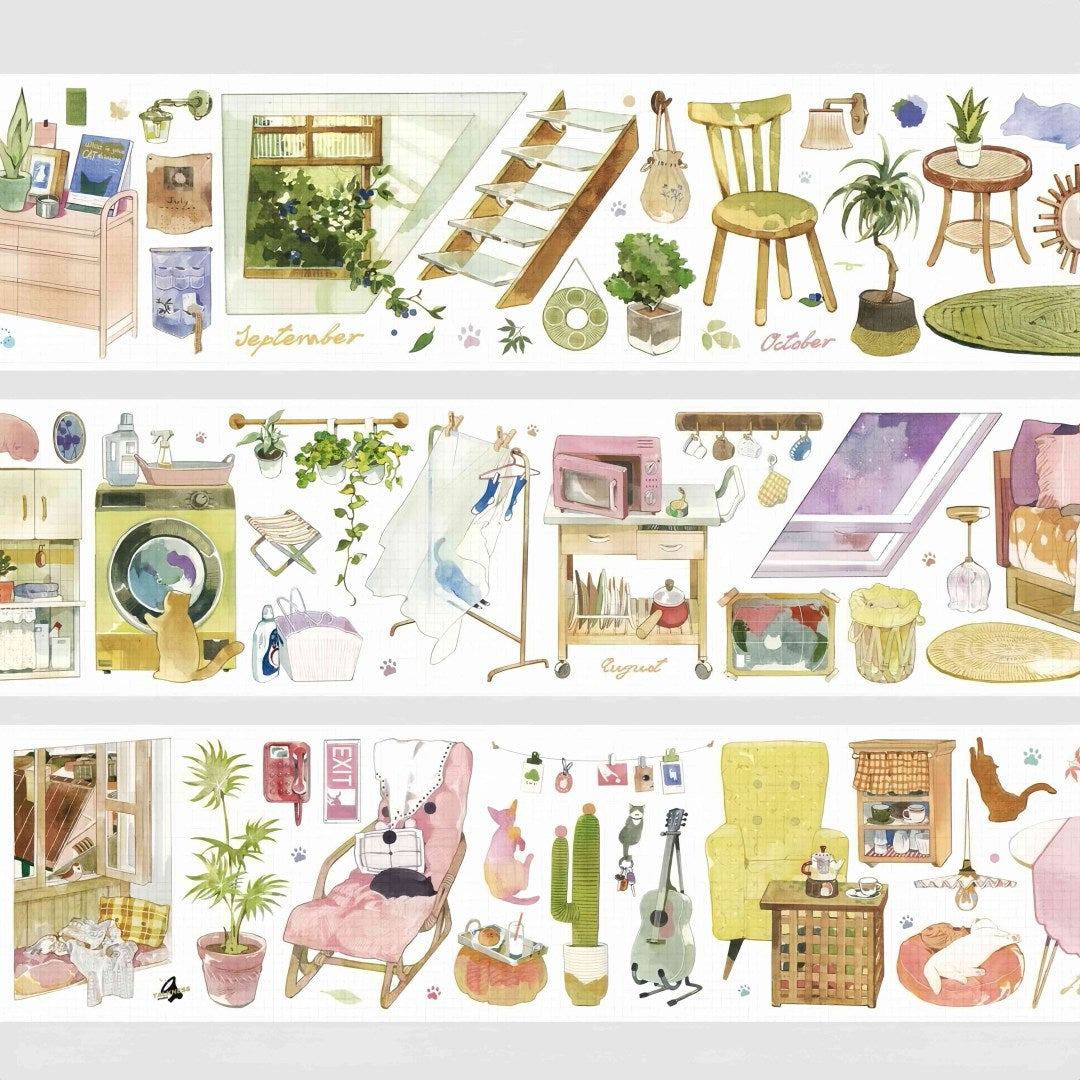 Washi tape of cozy home interior scenes with furniture, potted plants, laundry, and a cat