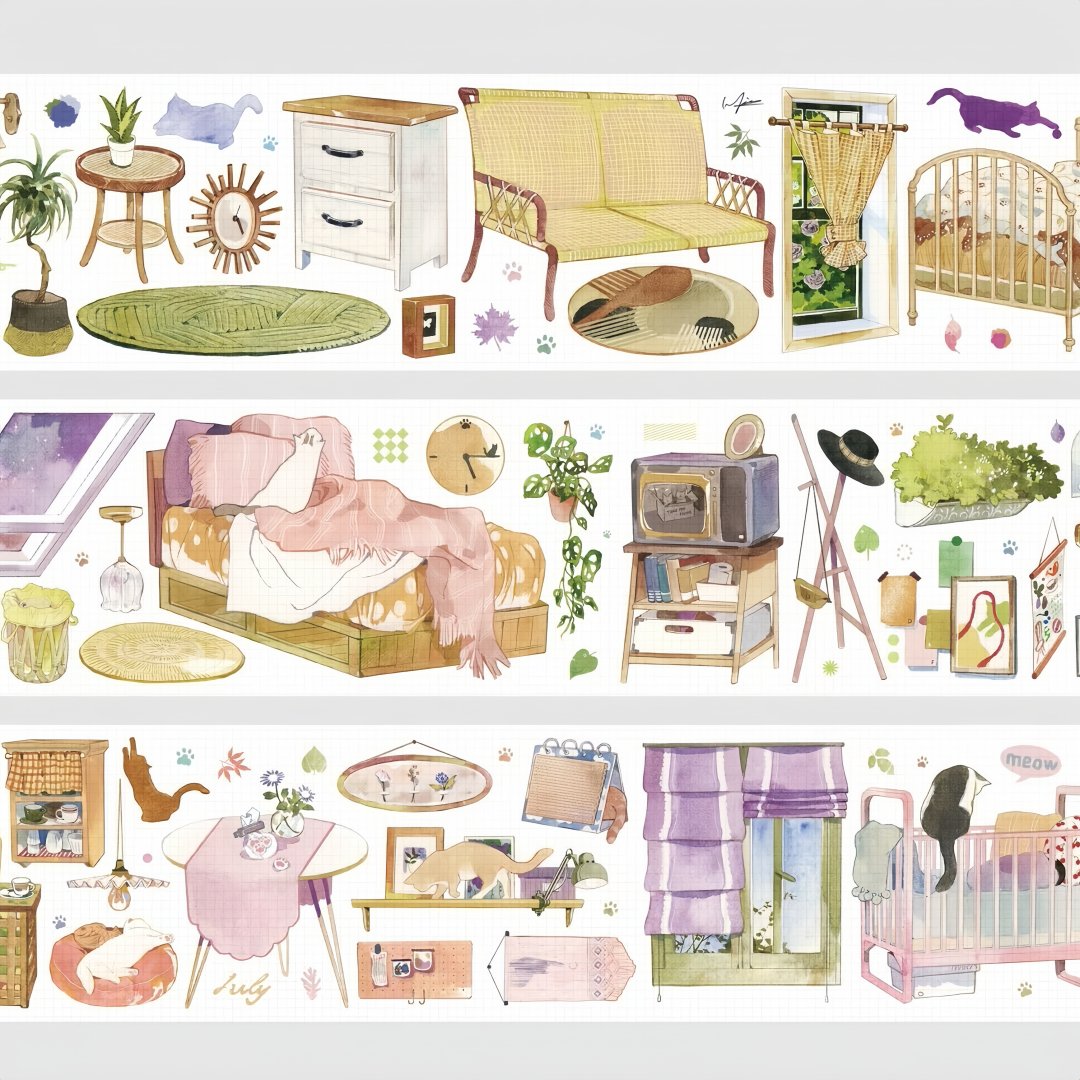 Washi tape of cozy home interior scenes with furniture, potted plants, laundry, and a cat