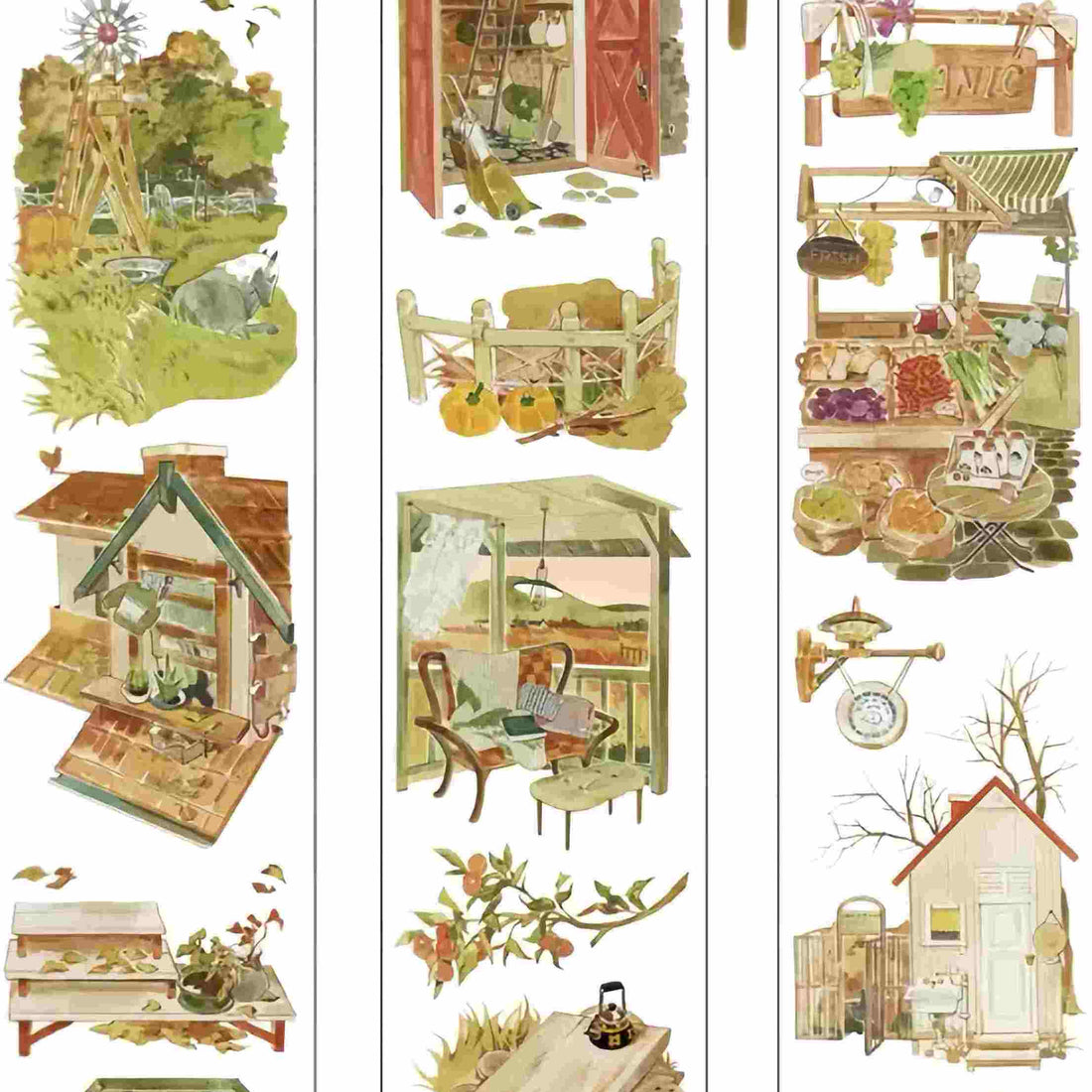 Countryside cottage illustrations featuring a windmill, chicken coop, farm produce stand, and wooden fence with pumpkins