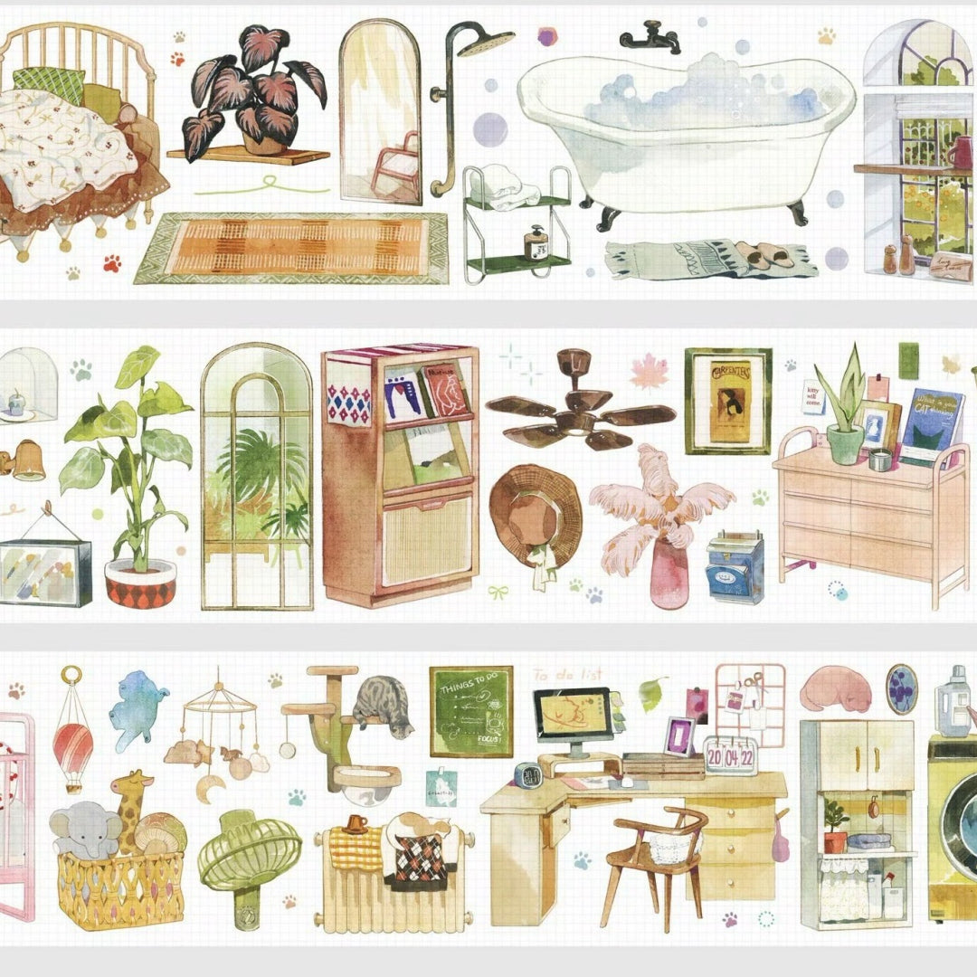 Washi tape of cozy home interior scenes with furniture, potted plants, laundry, and a cat