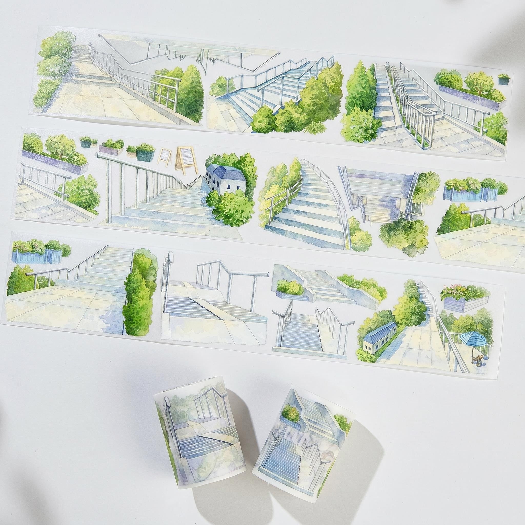 Sunlit stairway PET tape with watercolor stairs, railings, paved platforms, planters, and green city landscaping