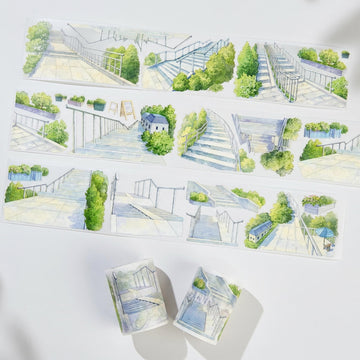 Sunlit stairway PET tape with watercolor stairs, railings, paved platforms, planters, and green city landscaping
