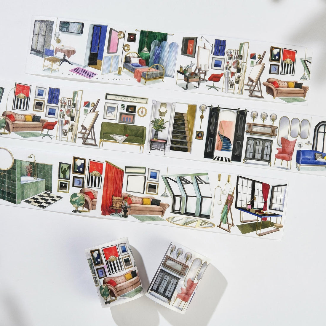 Vintage interior room PET tape with sofas, beds, doors, windows, studio desks, bathroom tiles, and furniture