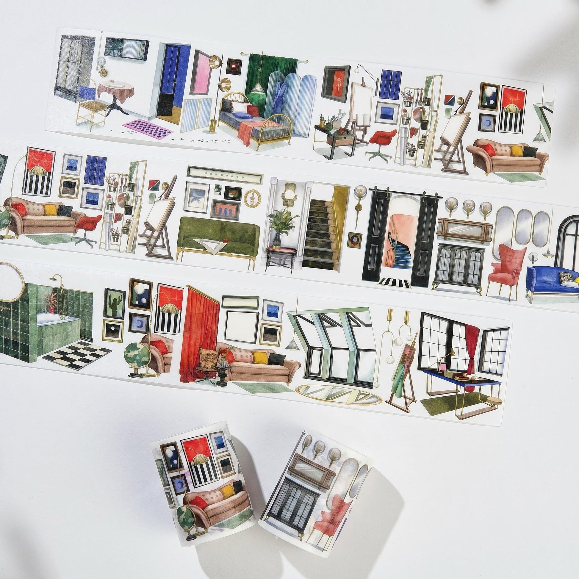 Vintage interior room PET tape with sofas, beds, doors, windows, studio desks, bathroom tiles, and furniture