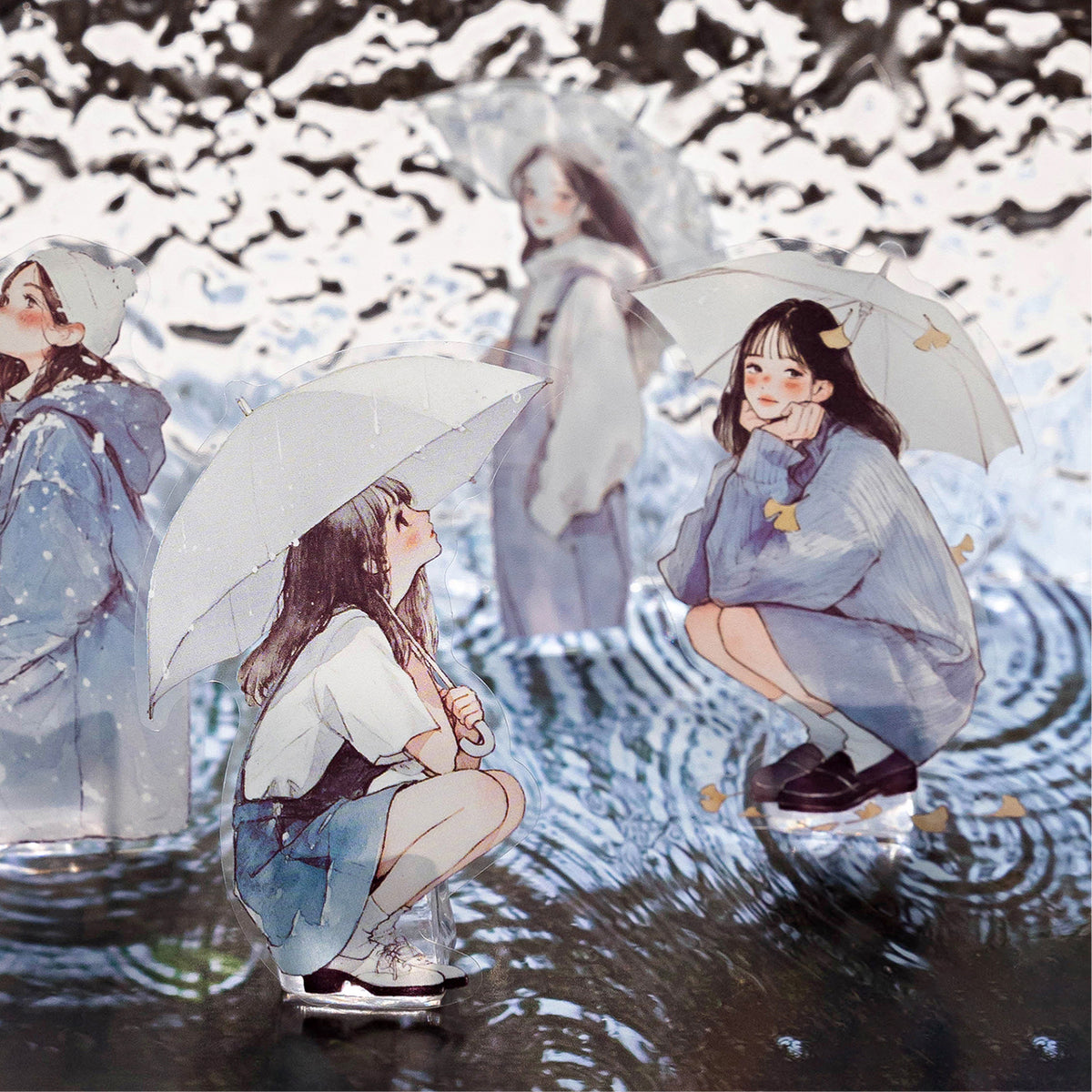 Sheet of die-cut rainy-day girl character stickers