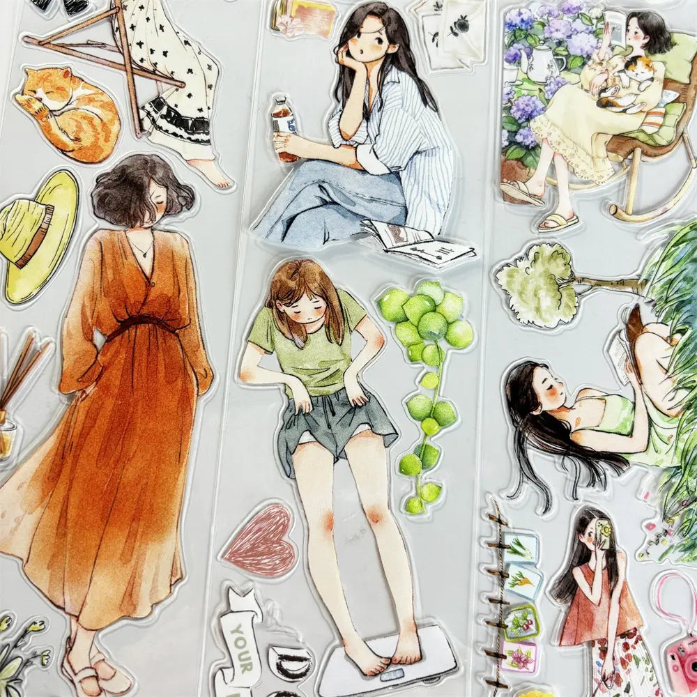 Slow Life Girls sticker strips with illustrated girls in flowing orange dress, sitting casually, reading by garden