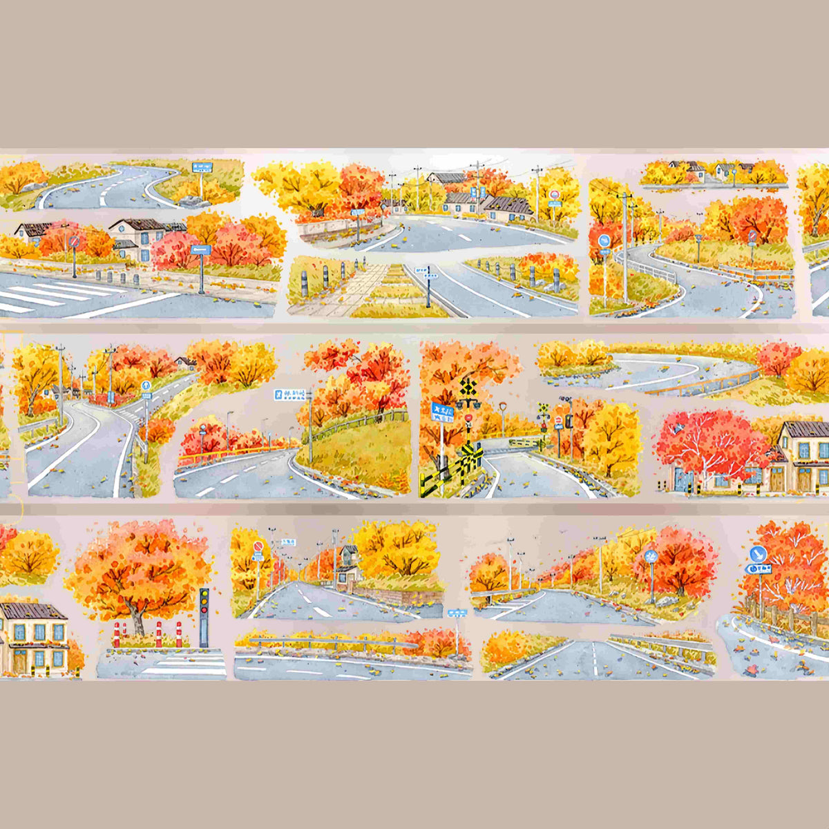 Design from the 10-piece Autumn Town & Garden Collection decorative tape, featuring an autumn townscape motif