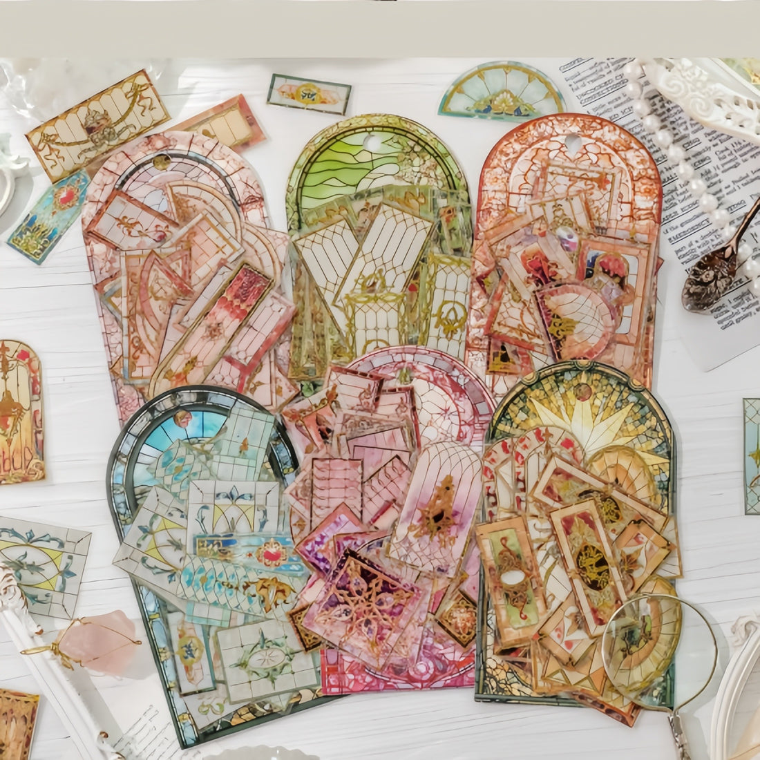 Vintage Stained Glass Sticker Pack with ornate arched windows, floral glass panels, and decorative frames
