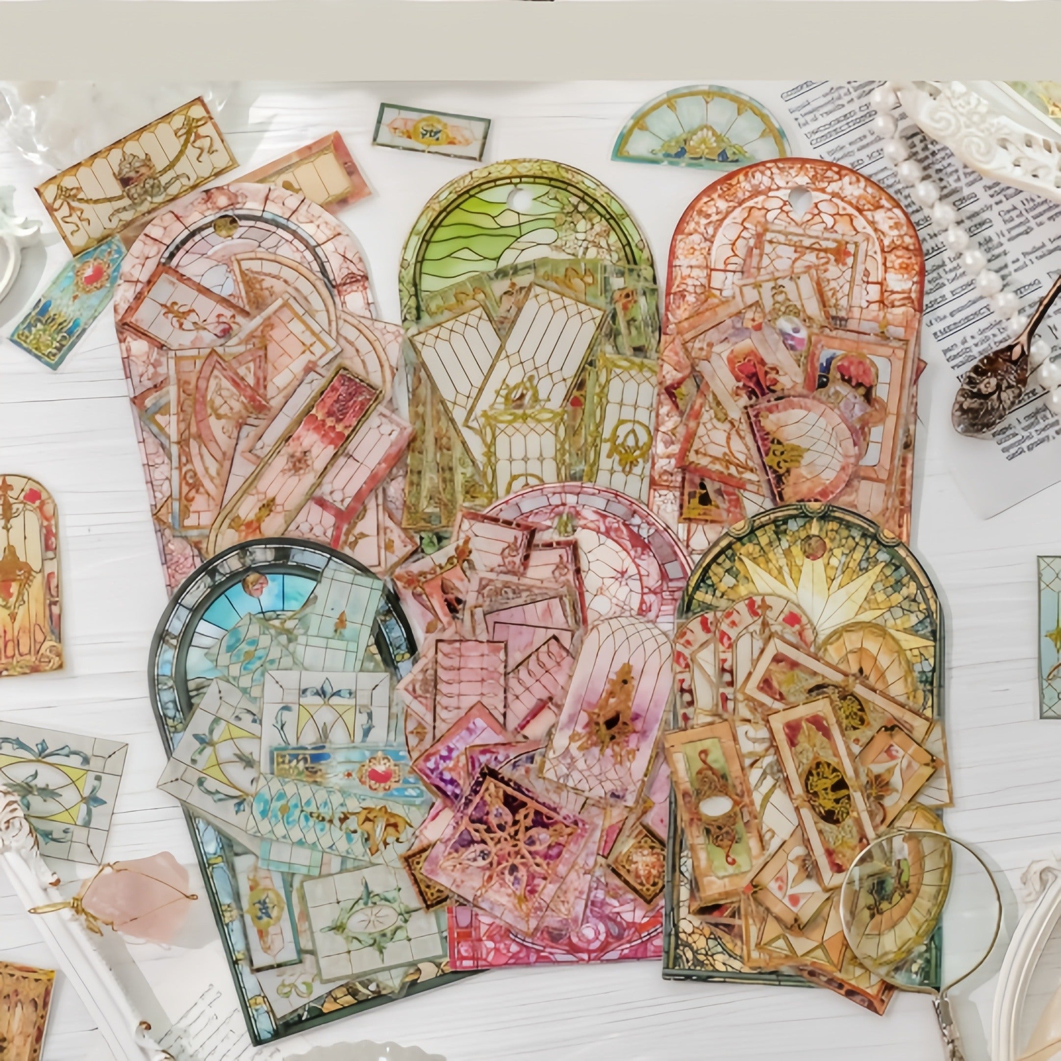 Vintage stained glass stickers arranged with arched windows, circular panels, and pastel floral glass patterns