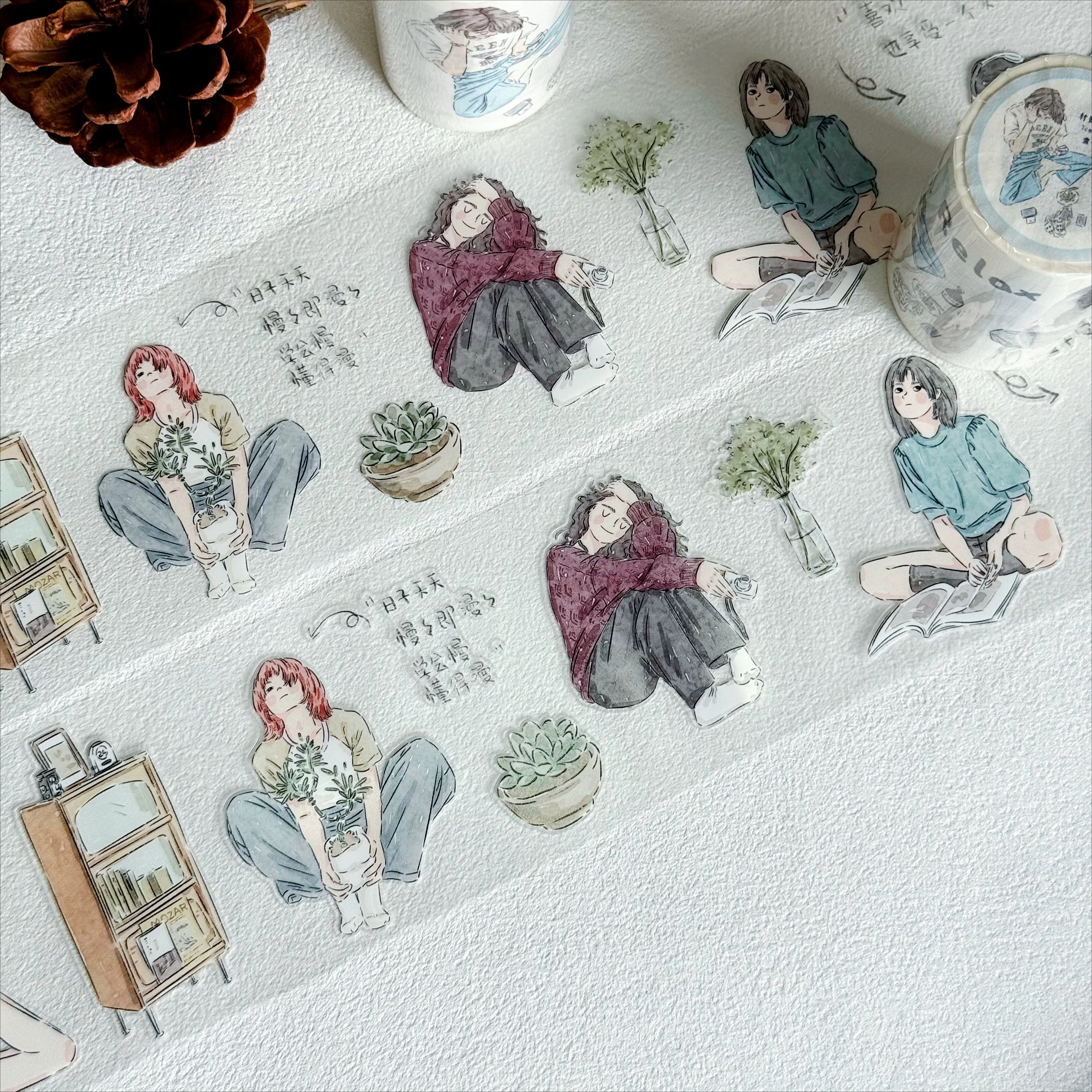 Quiet Moments Character PET die-cut tape with relaxing girls, plants, and room details