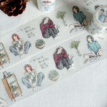 Quiet Moments Character PET die-cut tape with relaxing girls, plants, and room details