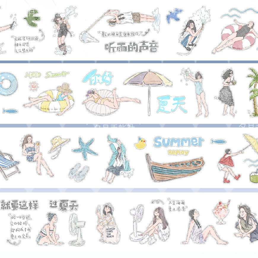 Summer Beach Character PET tape strip with seaside poses, shells, and summer lettering