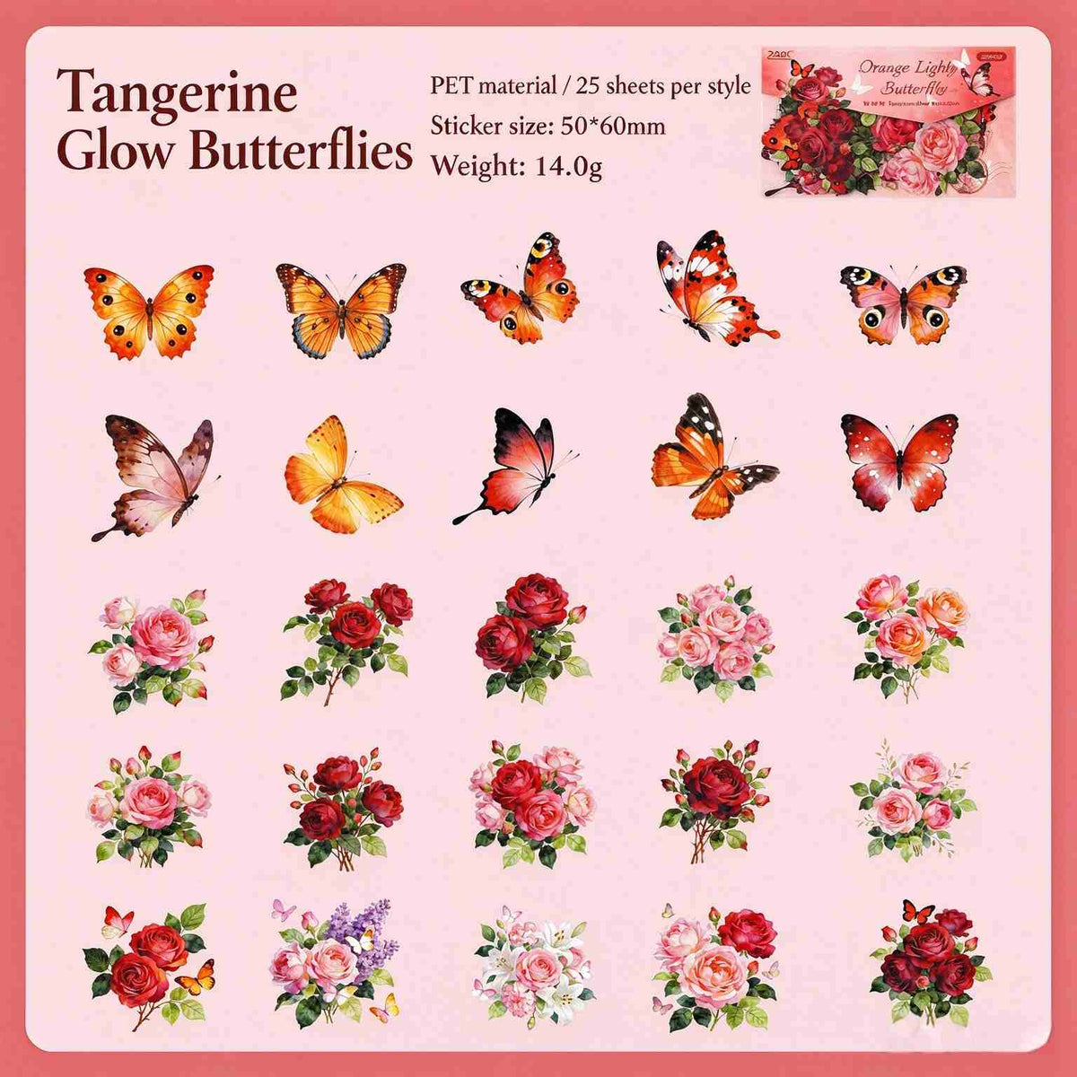 Tangerine Glow Butterflies style: orange butterflies and red roses