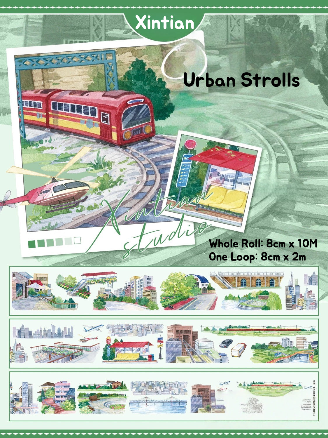 Vibrant XINTIAN Scenery Series PET washi tape showcasing watercolor-style seaside towns and lush valleys for creative crafts.