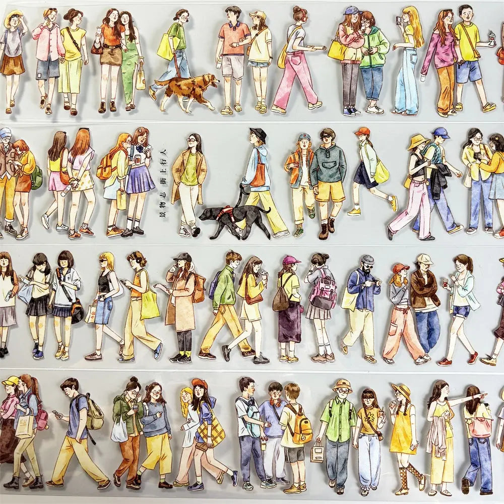 City Walkers PET tape roll — watercolor urban street life illustrations, 6 cm wide