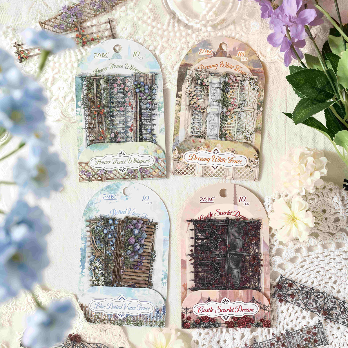 Border sticker of a white picket fence with wildflowers, "Dreamy White Fence"