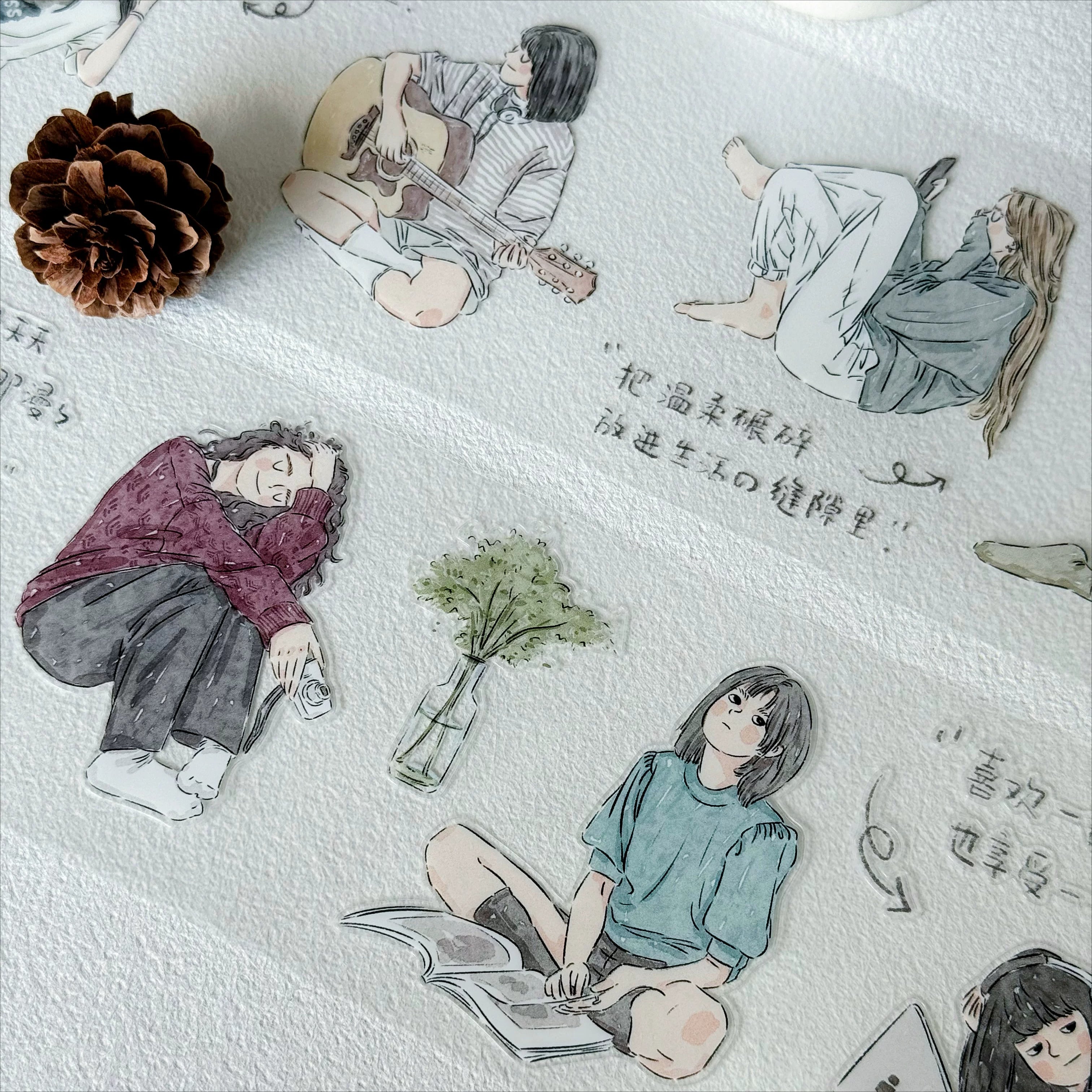 Quiet Moments PET tape close-up with reading and resting character illustrations