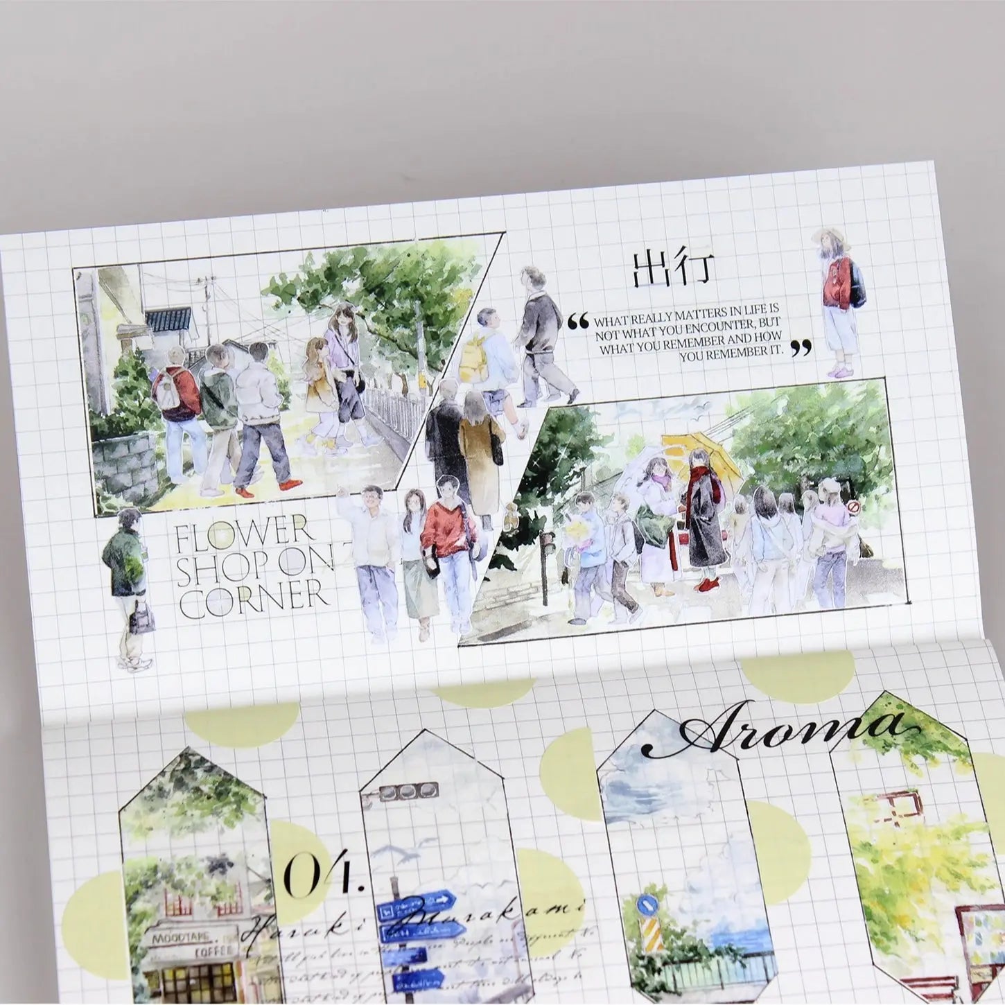 Watercolor PET tape with city wanderer characters, street musicians, cyclists, pets, umbrellas, and everyday urban scenes