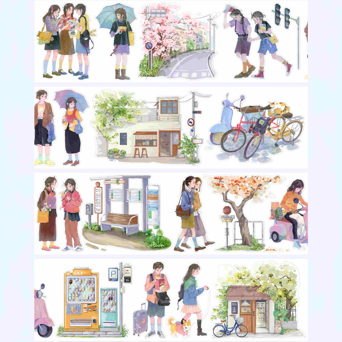 Die-cut illustrations of anime-style girls walking city streets past a bus stop, cafe storefront, and a girl riding a scooter with a dog