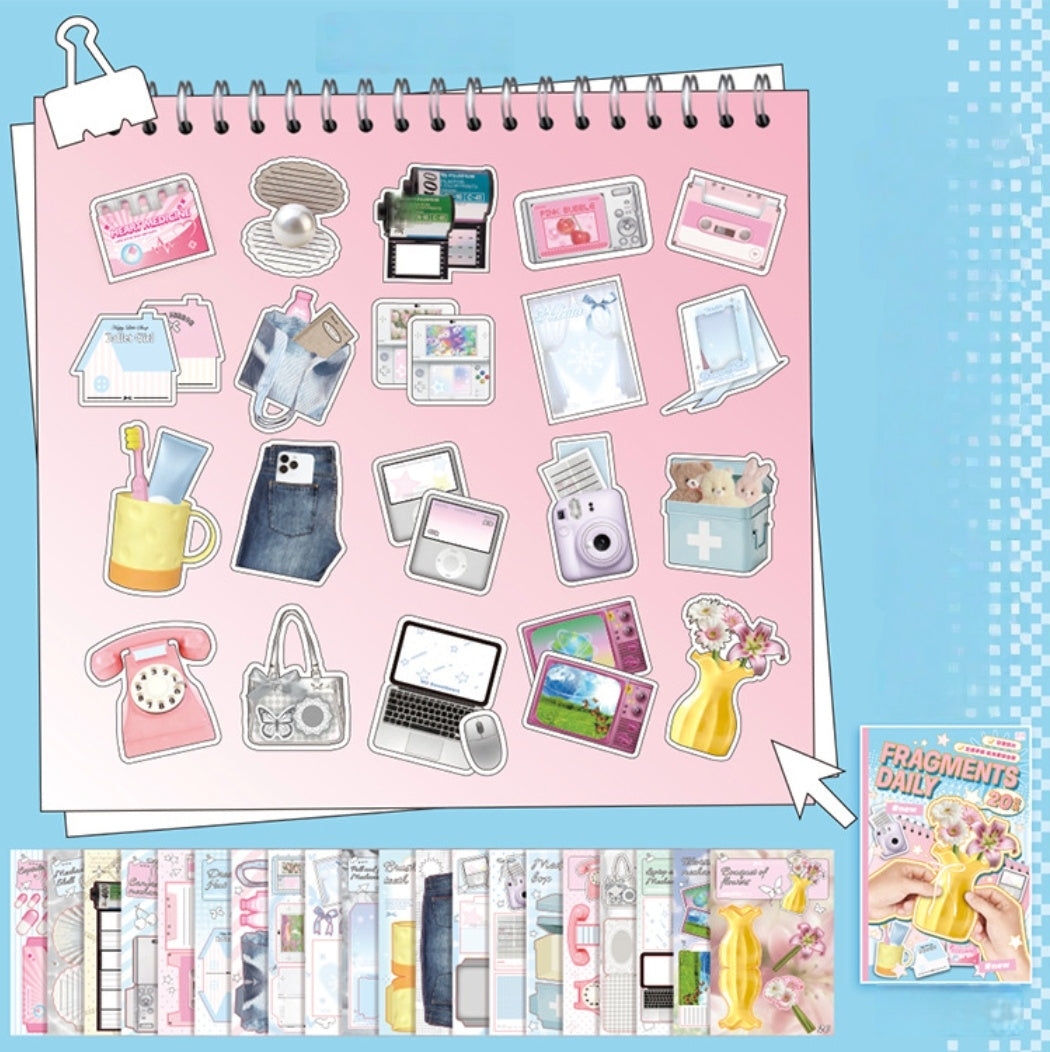 Fragments scrapbook kit with no-cut food pieces, daily notes, photo layouts, memory book cards, and handmade paper scenes